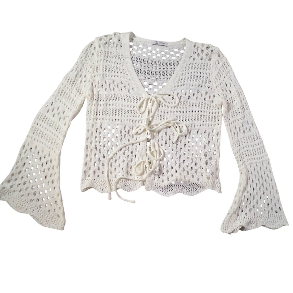 Cupshe Crochet Cardigan Womens XL White Tie Front Bell Sleeve Open Knit CAA07A5A
